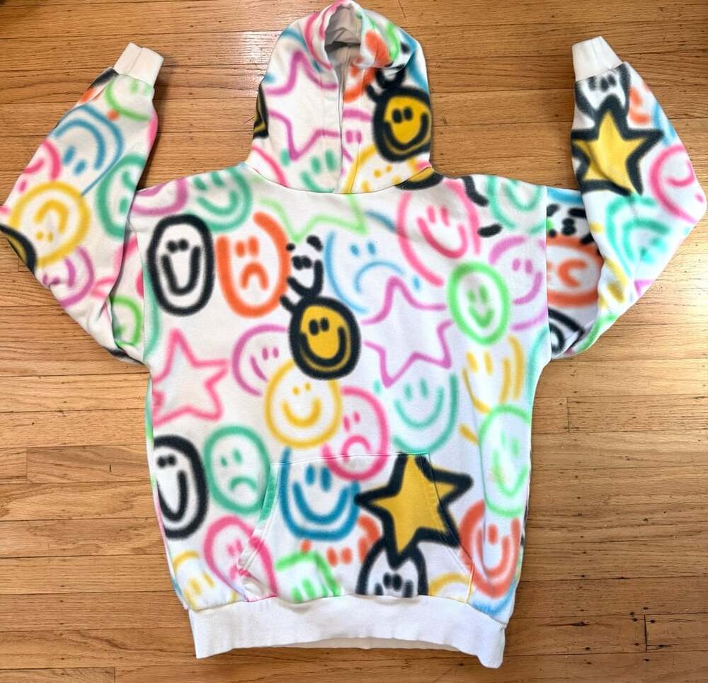 PacSun Graffiti Smiley Face Hoodie Oversized Colorful Y2K Fleece Pullover